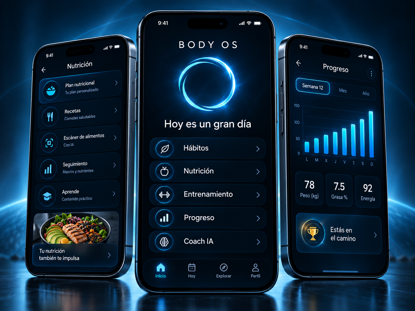 Tres pantallas de la app BODY OS mostrando hábitos, nutrición y progreso en alta definición